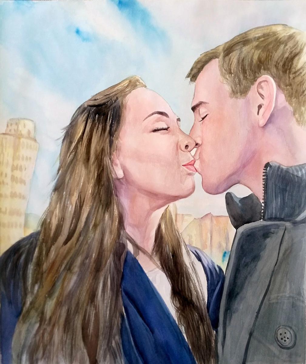 A Watercolor washed style painting of a couple kissing in front of a city, perfect for a bridal shower.