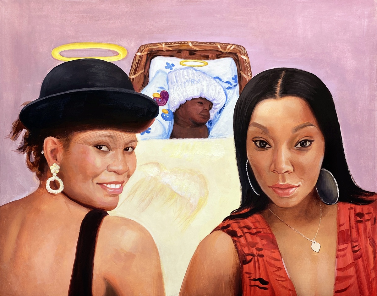 A pastel-colored painting of two women with angels on their heads.