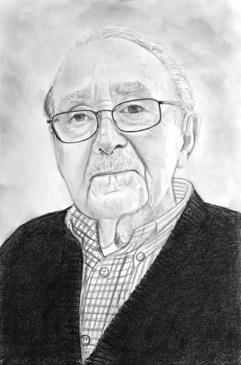 A charcoal drawing of an older man with glasses.