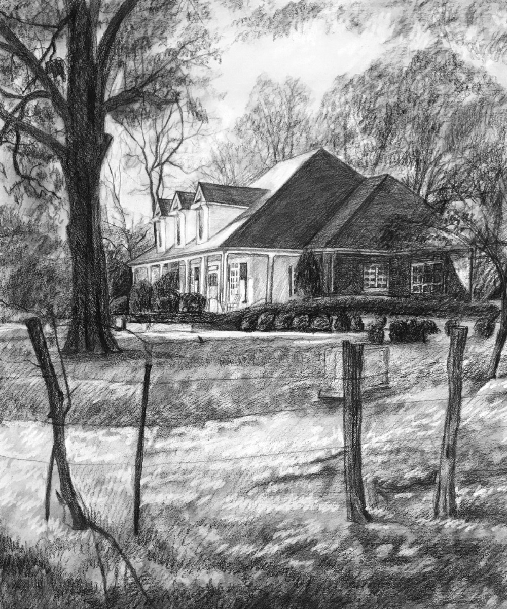 A black and white charcoal drawing of a house with a smooth style, perfect for a realtor client gift.