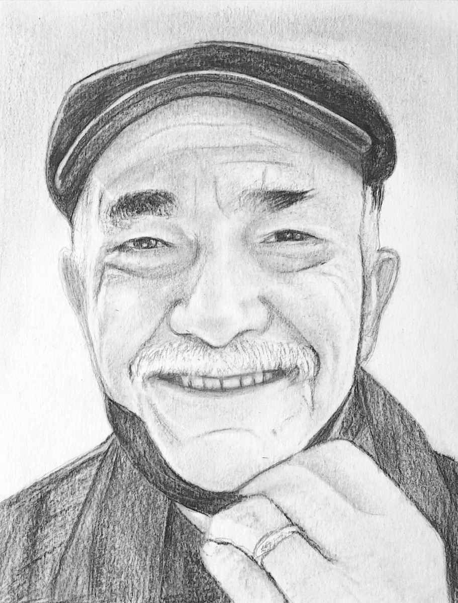 A charcoal drawing of an old man with a hat, in a smooth style.
