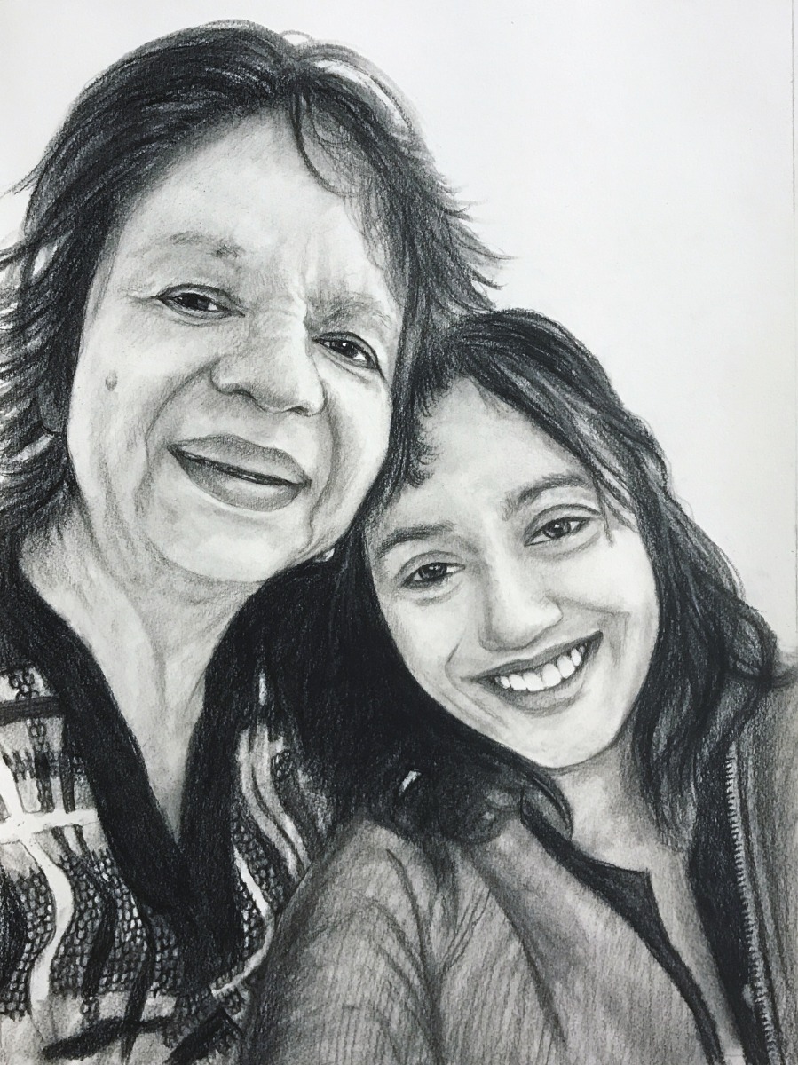 A charcoal drawing of an older woman and a young girl, perfect as a Mother's Day painting for grandma.
