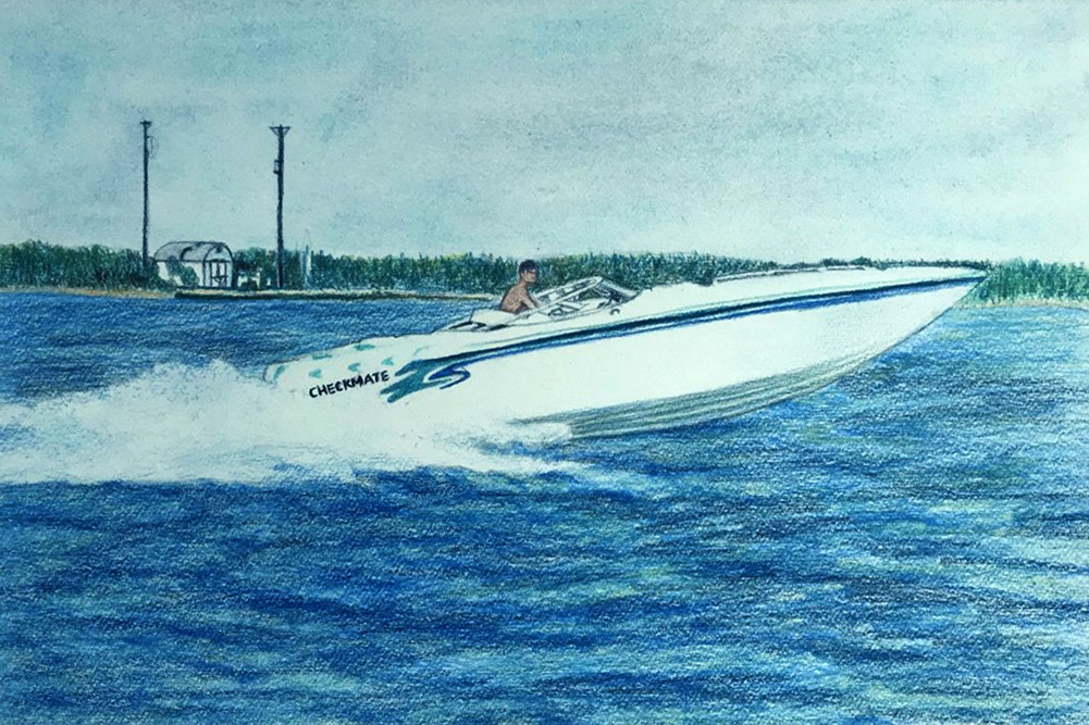 A pencil sketch style drawing of a speed boat on the water, perfect as a housewarming drawing gift.