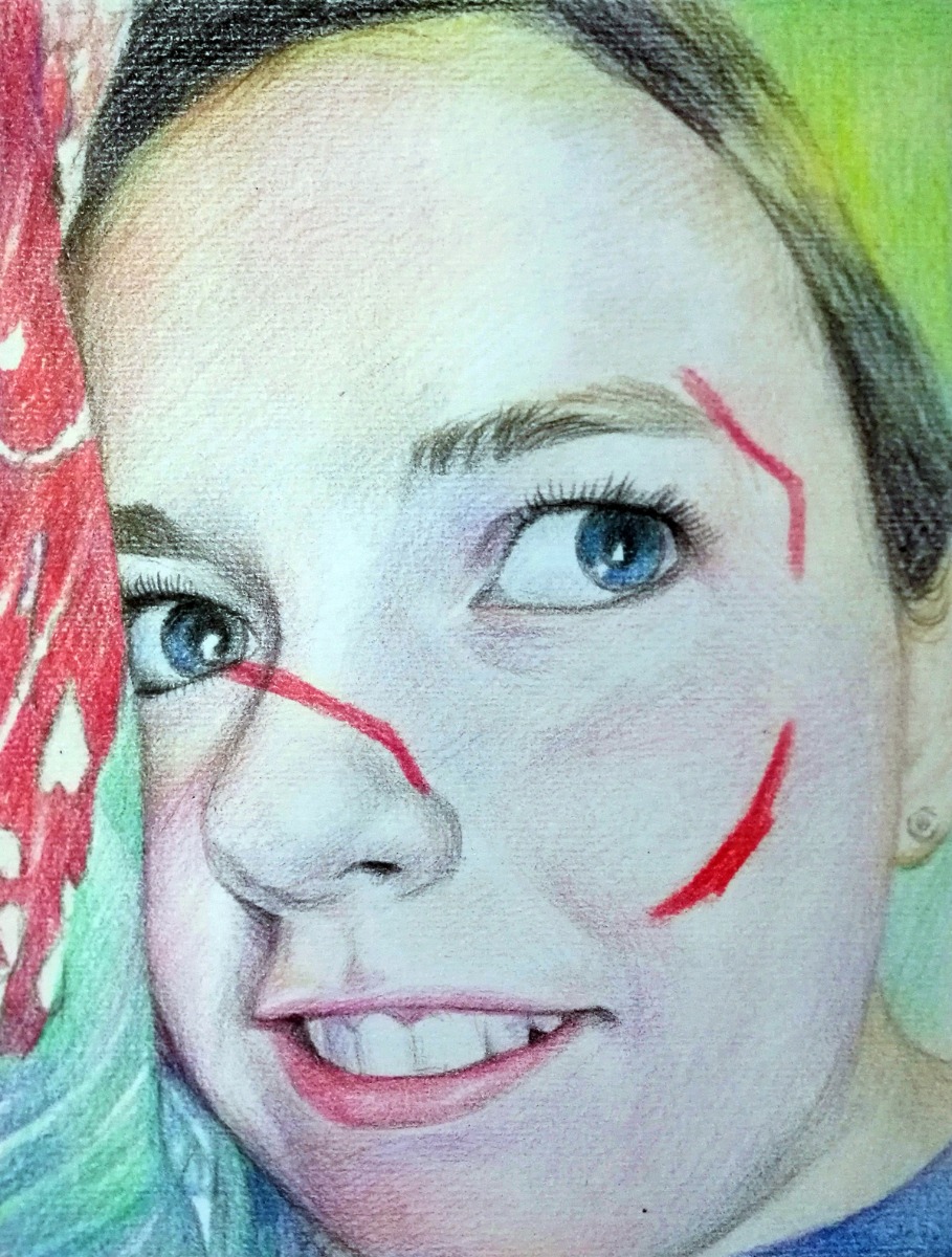 A color pencil smooth style drawing of a baby girl with red paint on her face.