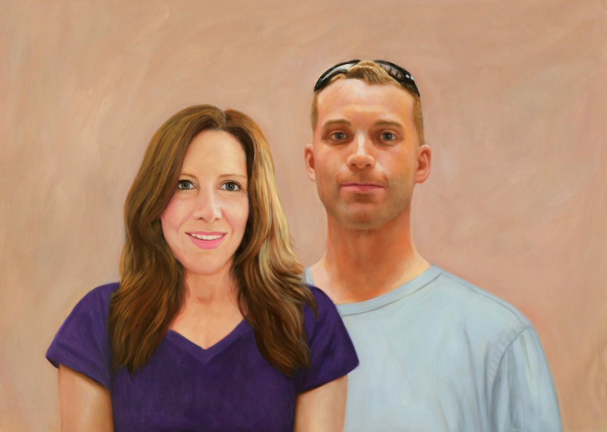 A fine oil painting of a couple standing next to each other, perfect for graduation present ideas for her.
