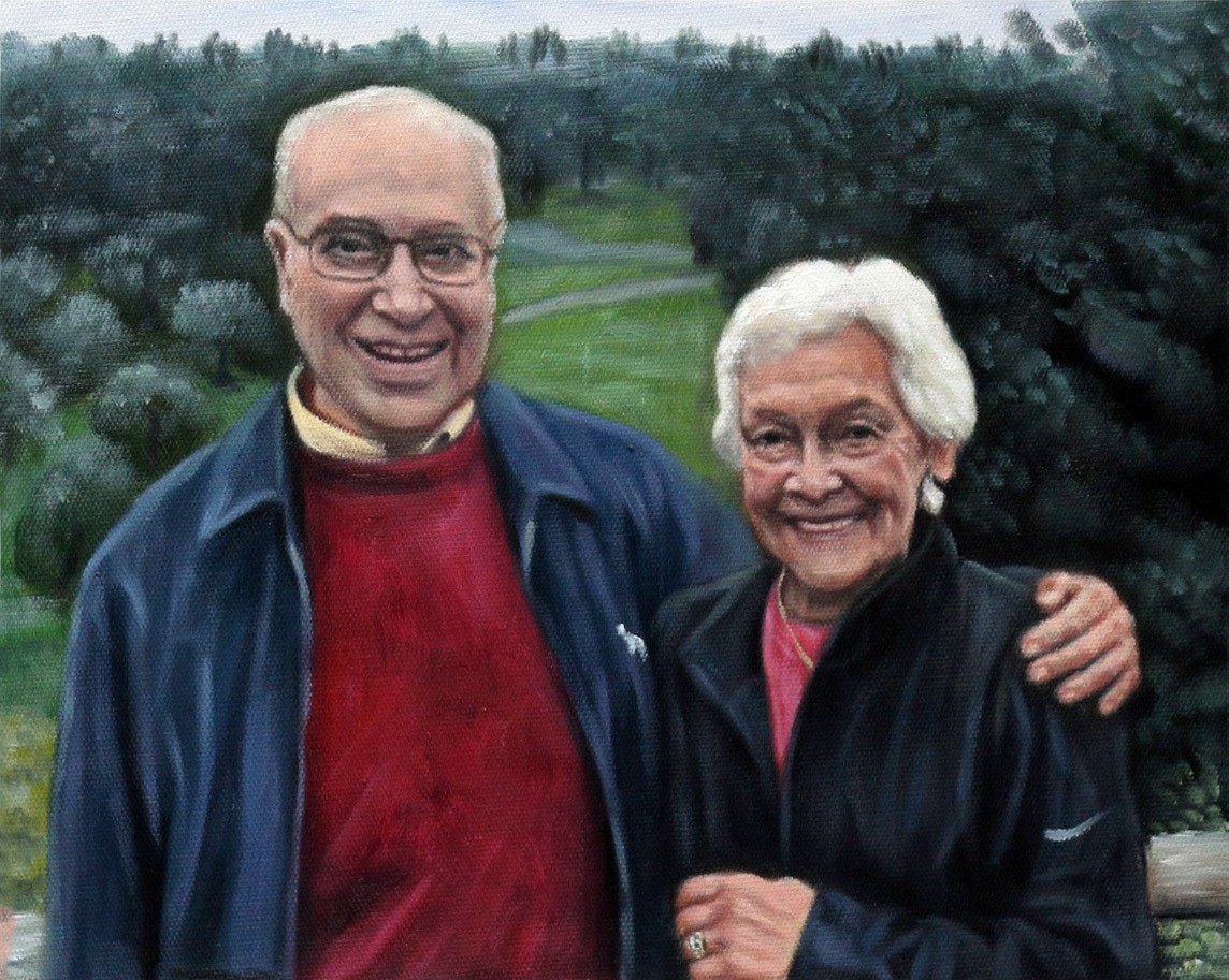 A thickly painted oil portrait of an older American couple.