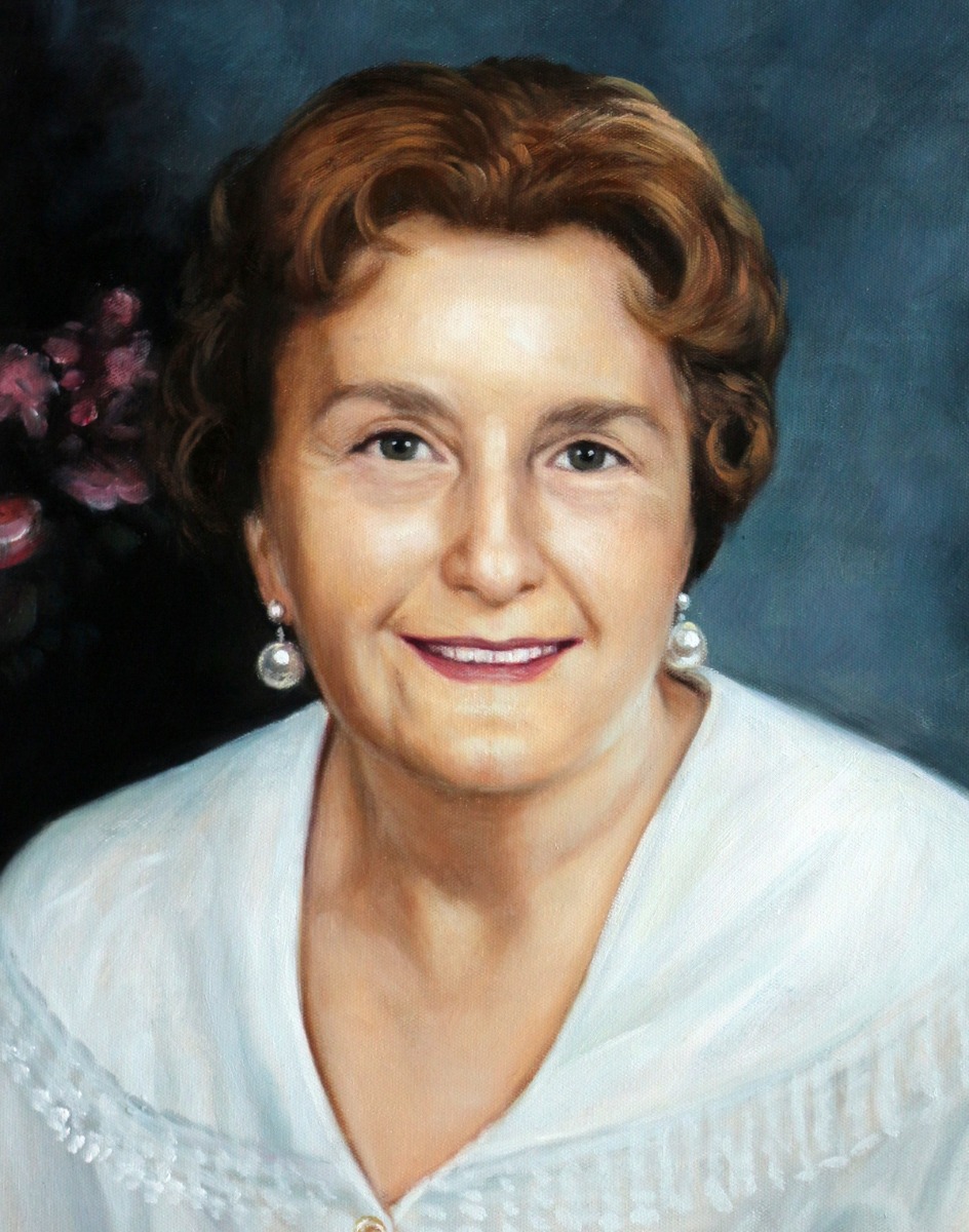 A thick style oil painting of an employee in a white dress.
