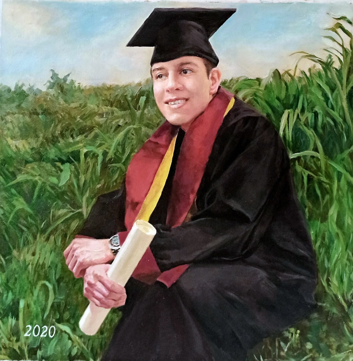 A high school graduation portrait painting capturing a graduate sitting in the grass, rendered in an oil thick style.