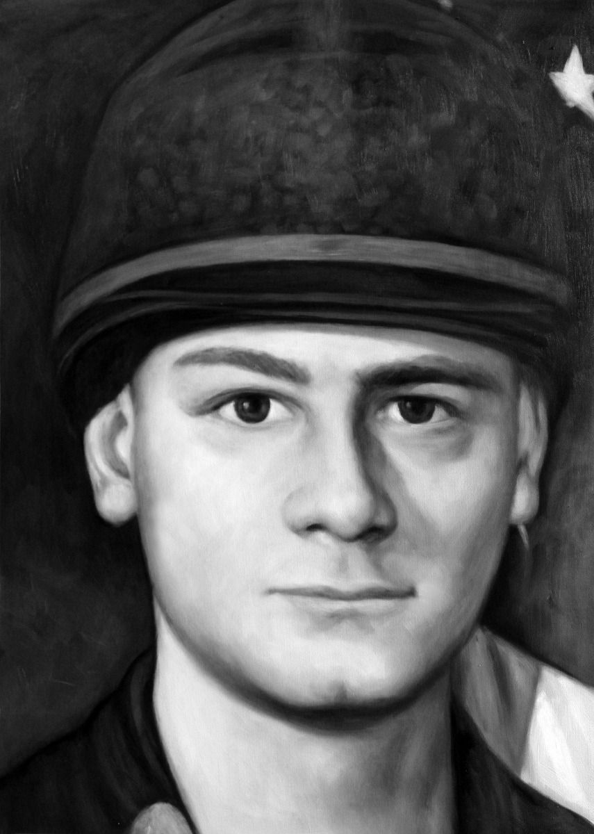 A black and white oil painting of an American veteran in a military uniform, done in a thick style.