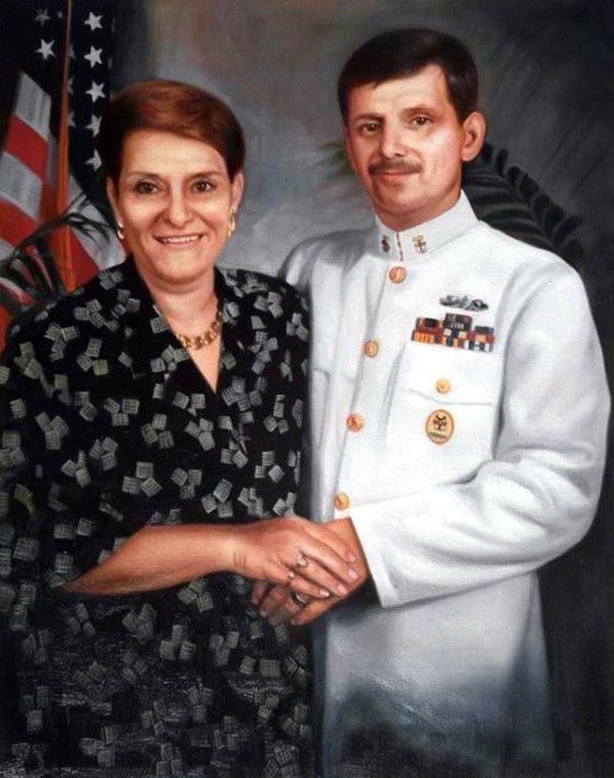 A thick style oil painting of an American veteran couple in uniform.