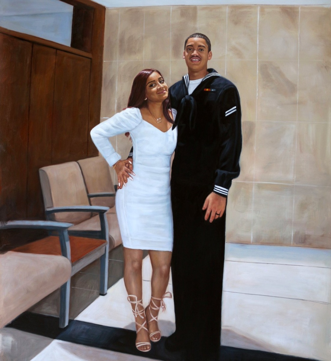 An American veteran painting capturing a man and woman in uniform using oil thick style.