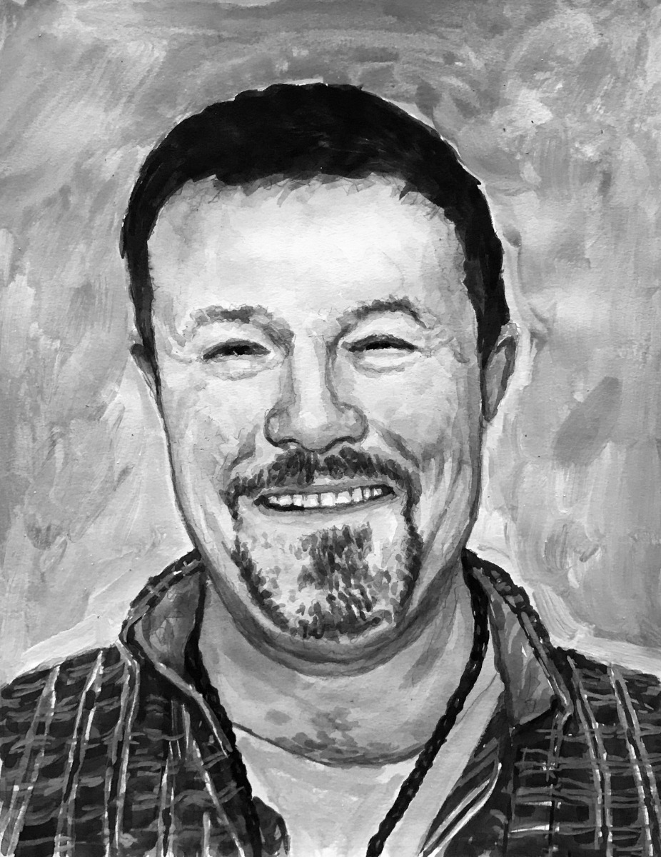 A custom black and white pastel portrait of a man smiling.