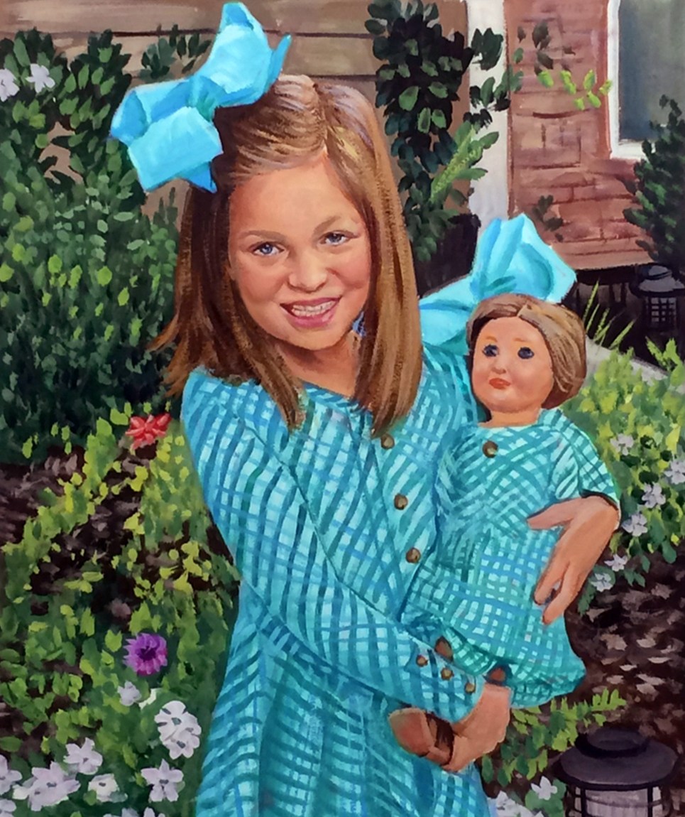 A pastel colored painting featuring a little girl cradling a doll.