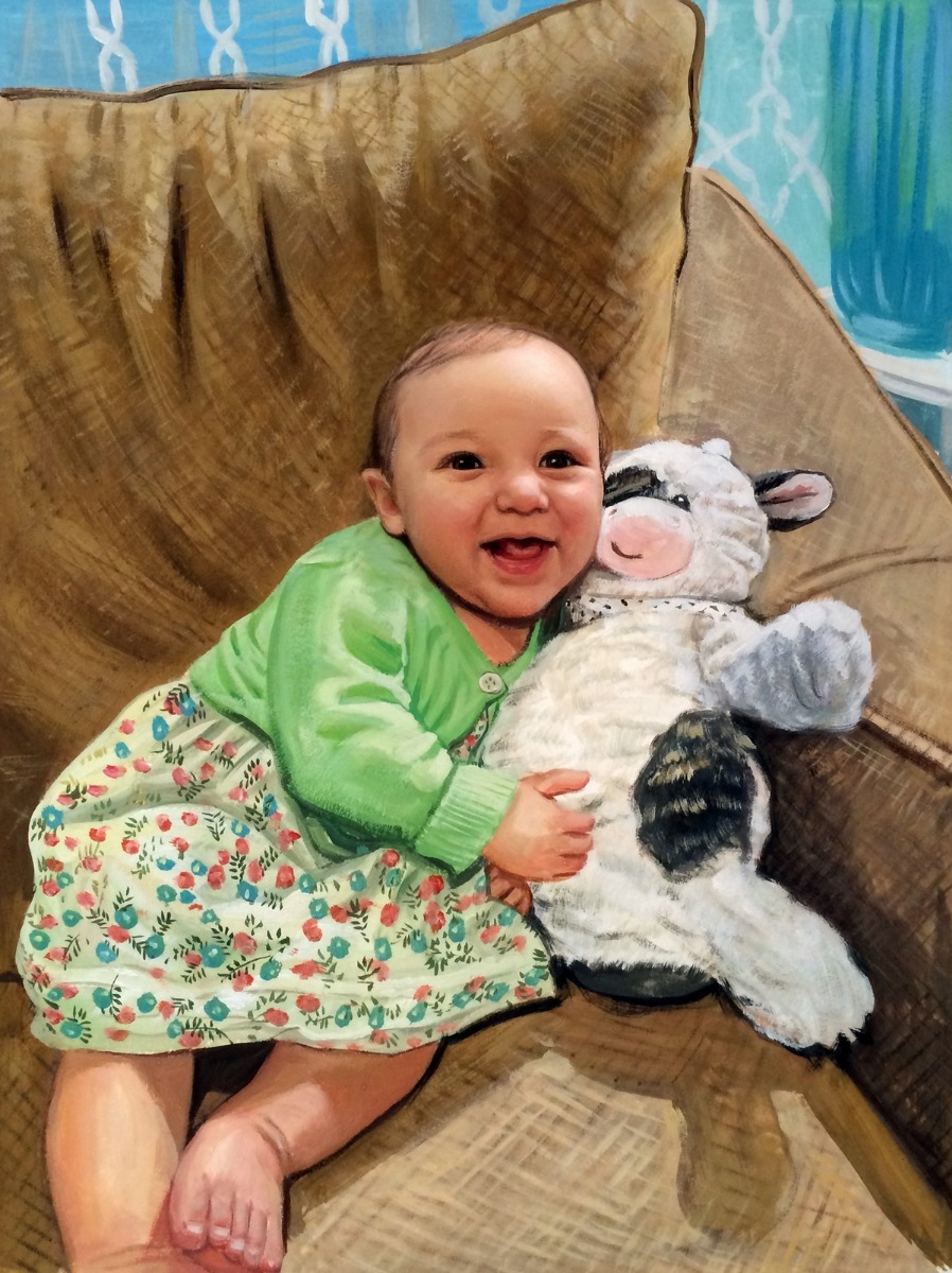 A pastel-colored toddler portrait painting capturing a baby embracing a stuffed animal.