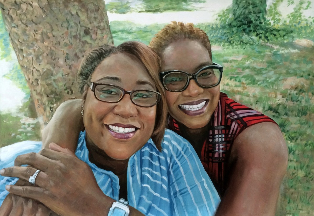 A pastel-colored portrait of two women hugging each other.