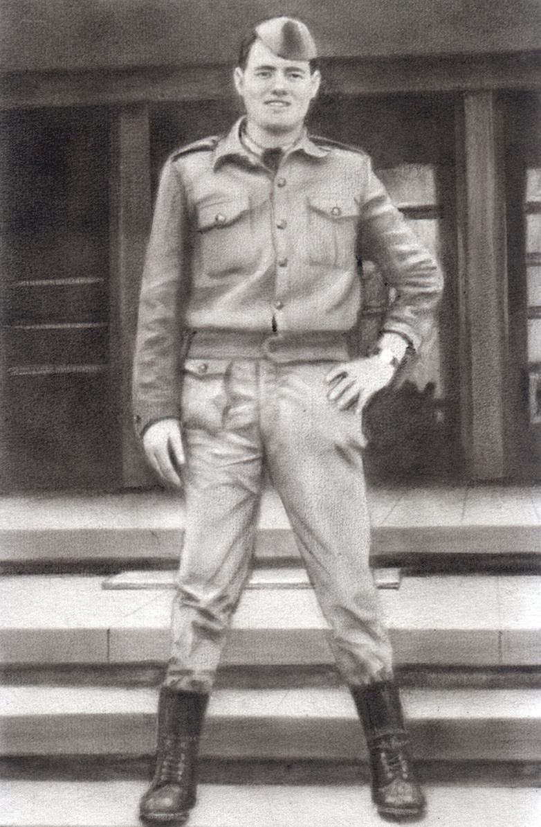 A man in a military uniform standing on steps, portrayed in a charcoal light style.