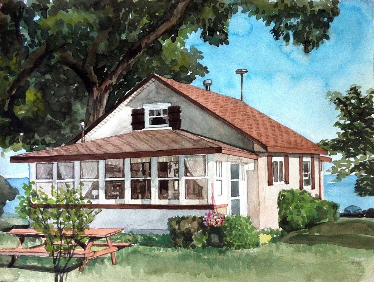 A watercolor painting of a cottage with picnic tables, perfect for housewarming gifts.