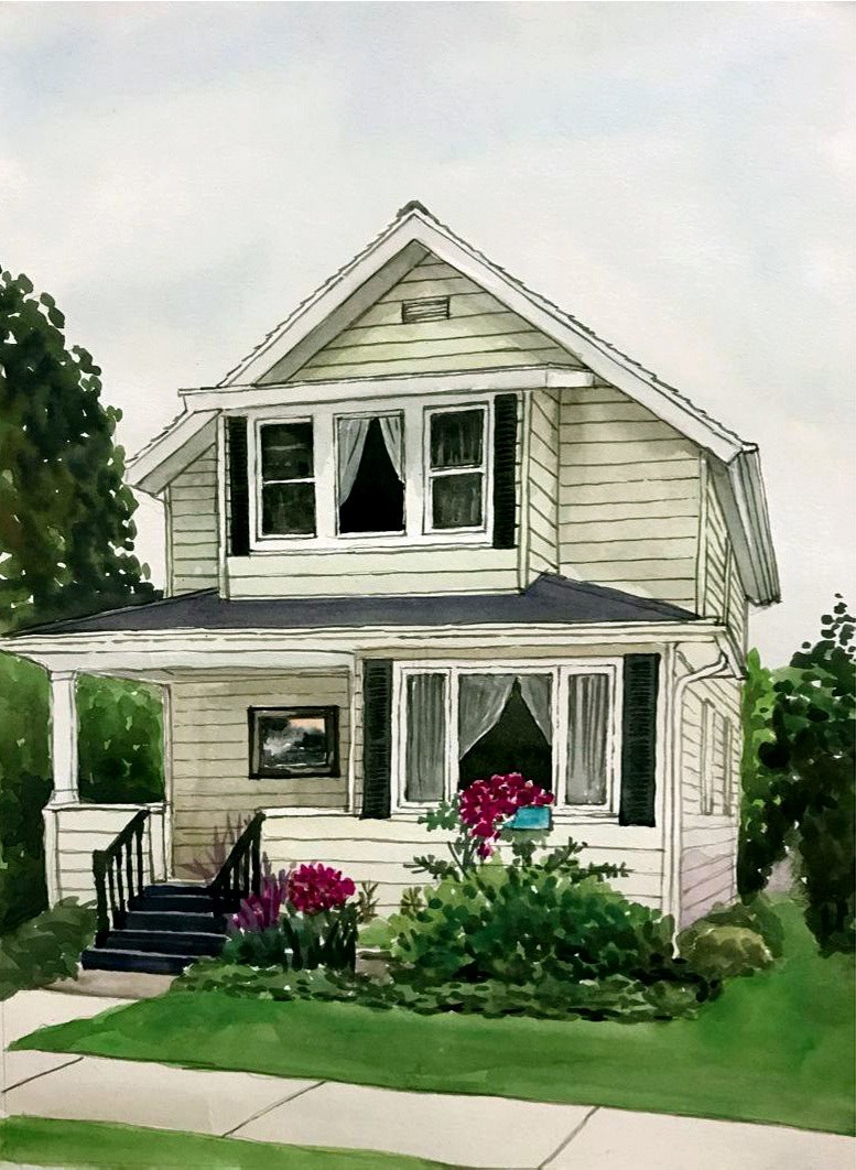 A watercolor painting of a house with a front porch, perfect for gifts for real estate agents.