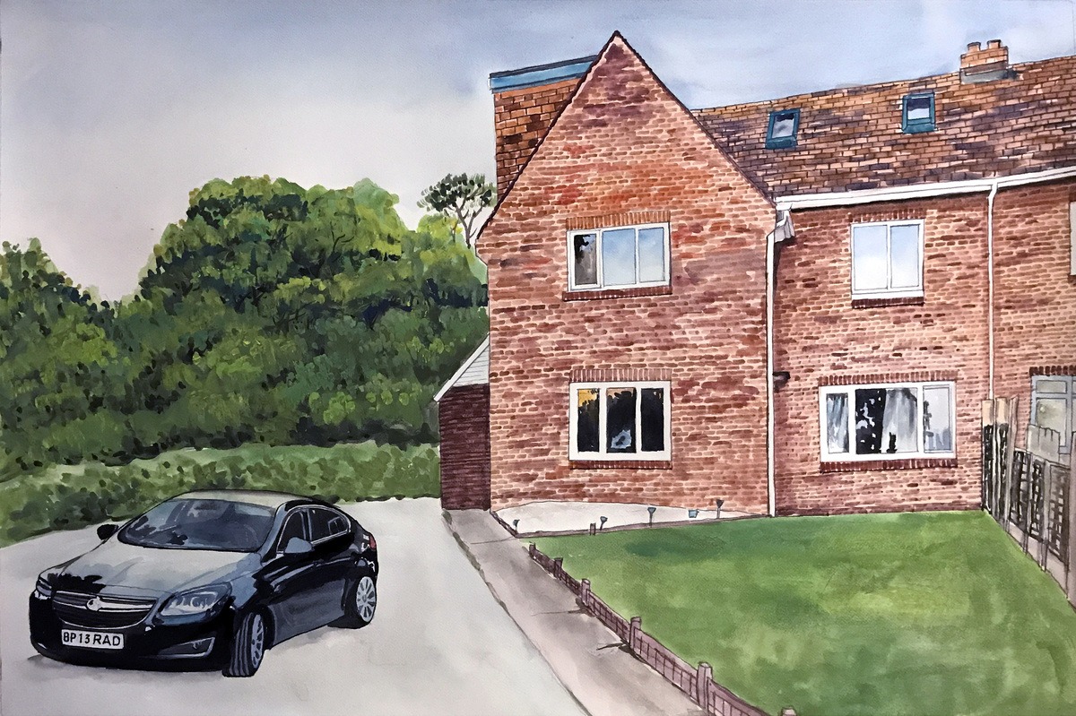 A watercolor painting of a house gifted by realtors to clients, featuring a car parked in front.