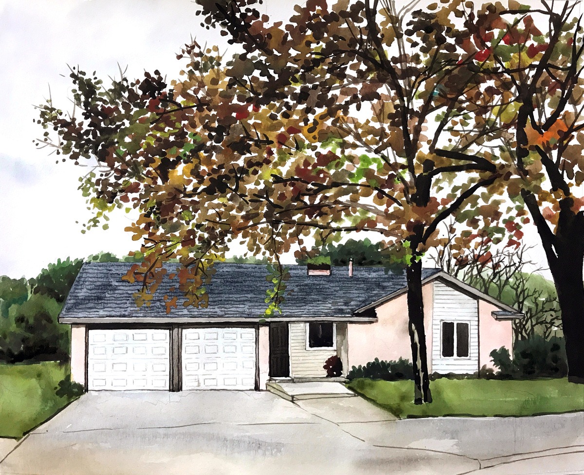 A thick-style watercolor painting of a house with a tree in front.
