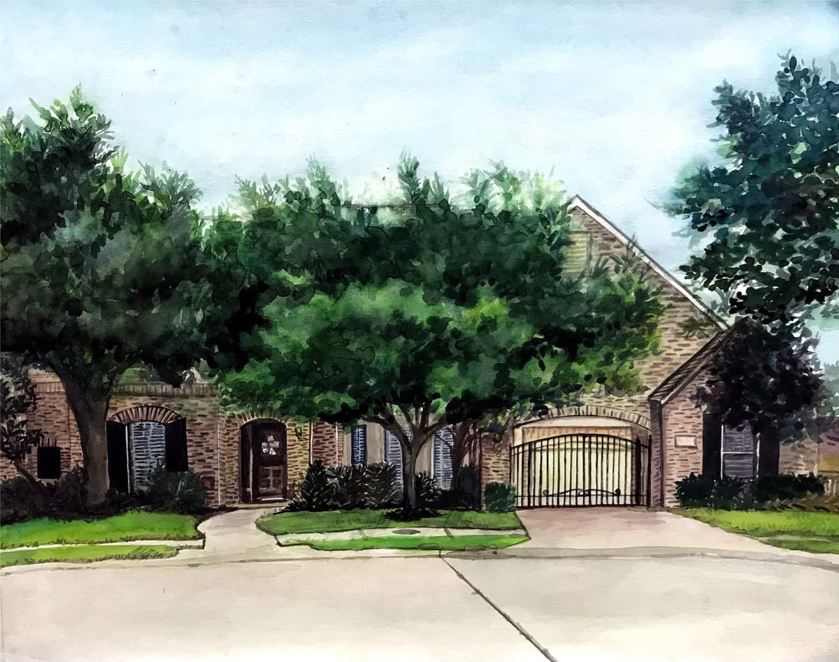 A thick-style watercolor painting of a house with trees in front, perfect as a closing gift for a real estate agent.