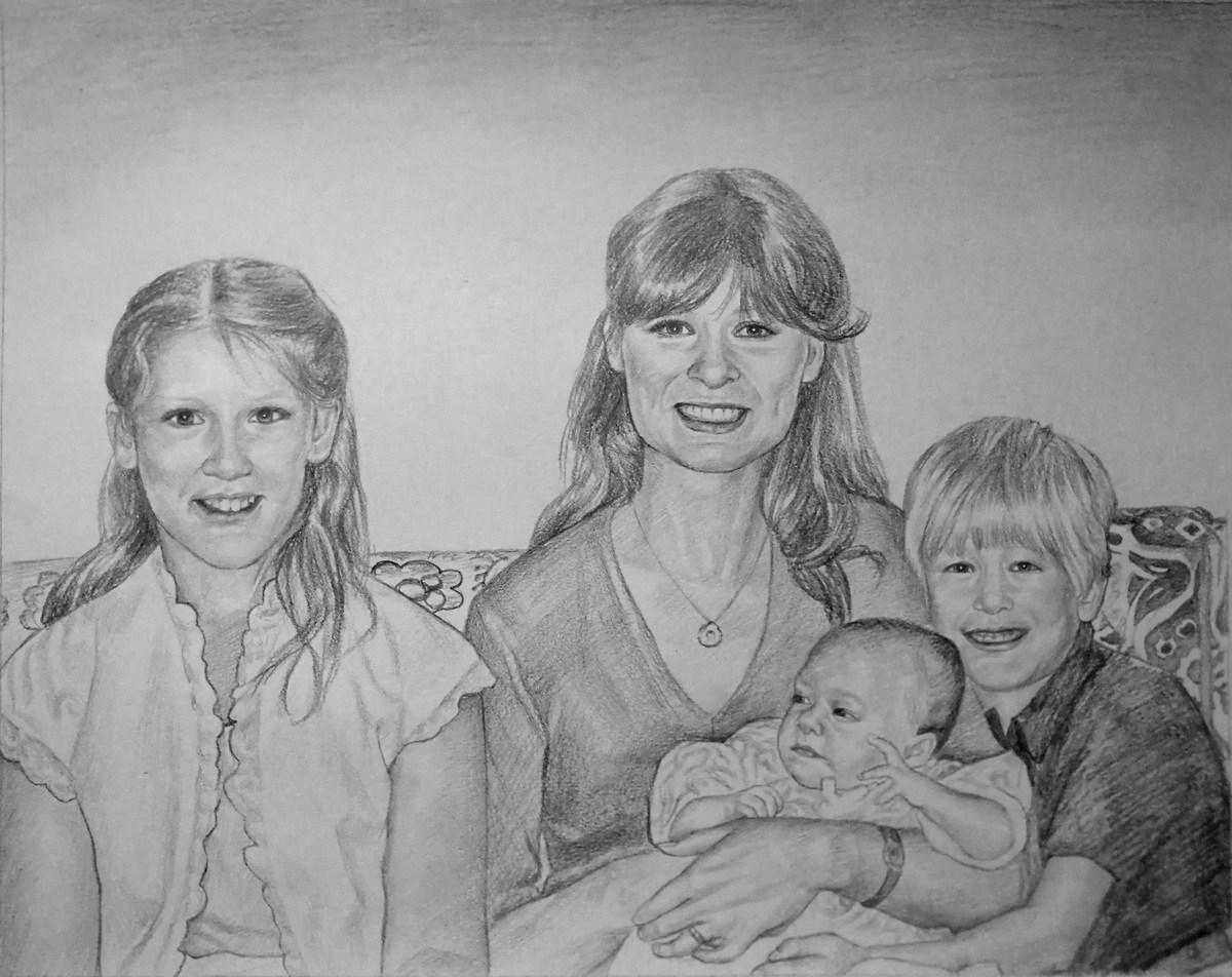 A pencil sketch of a family with a newborn baby