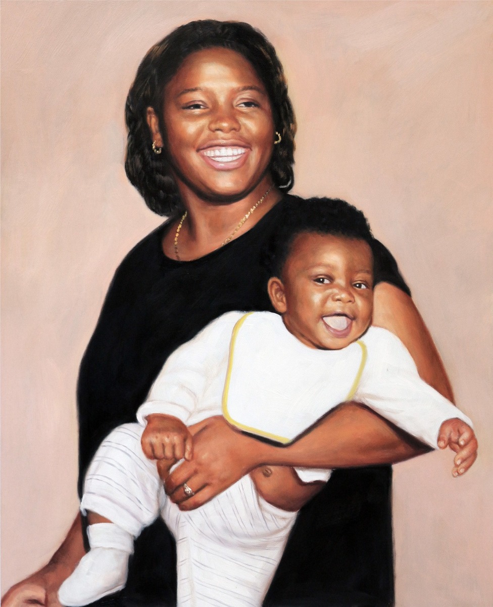 A fine style oil painting featuring a woman embracing her baby.