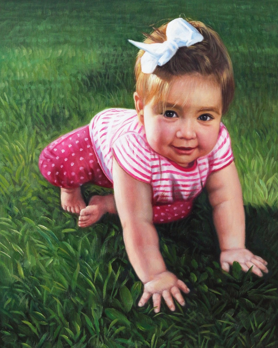 A painting of a baby crawling in the grass.