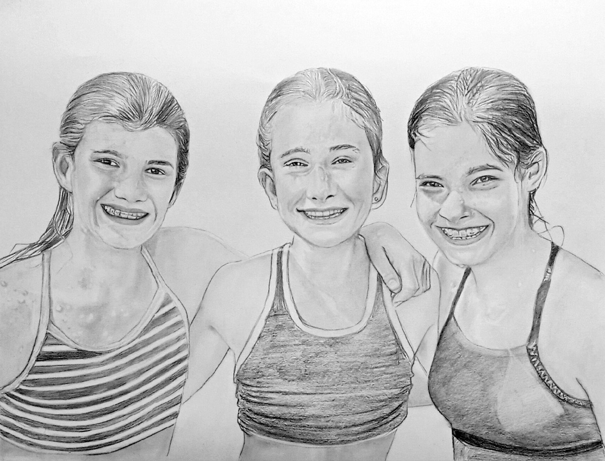 A pencil drawing of three girls smiling in a smooth style.