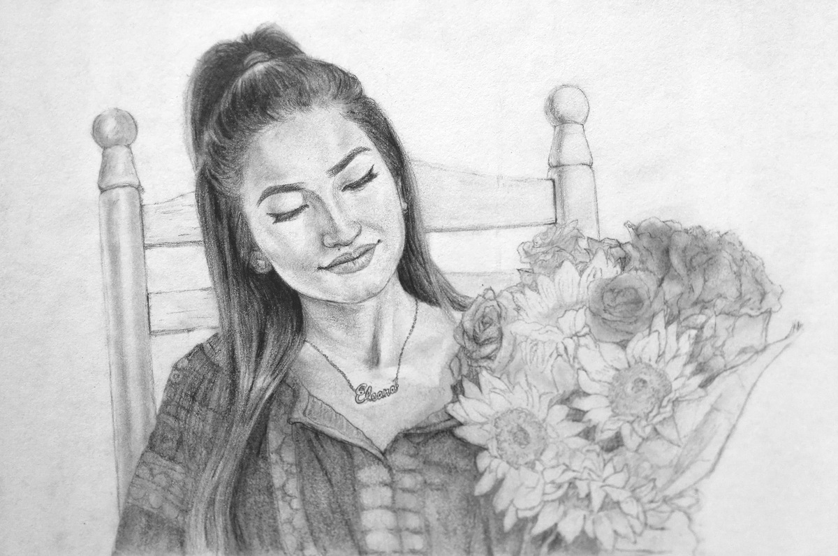A pencil sketchy-style drawing of a woman holding flowers.