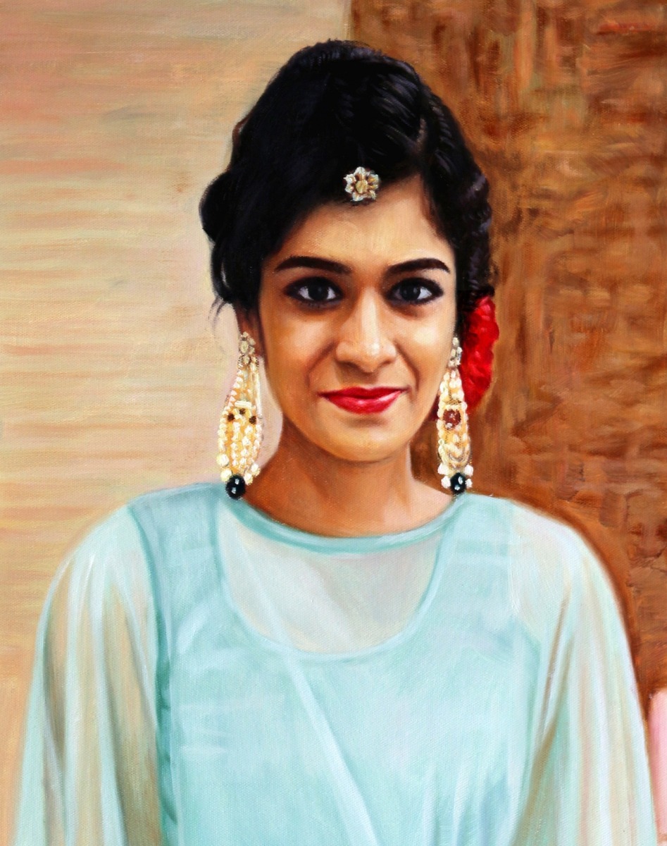 An oil painting of an Indian woman in a blue dress, done in a thick style.