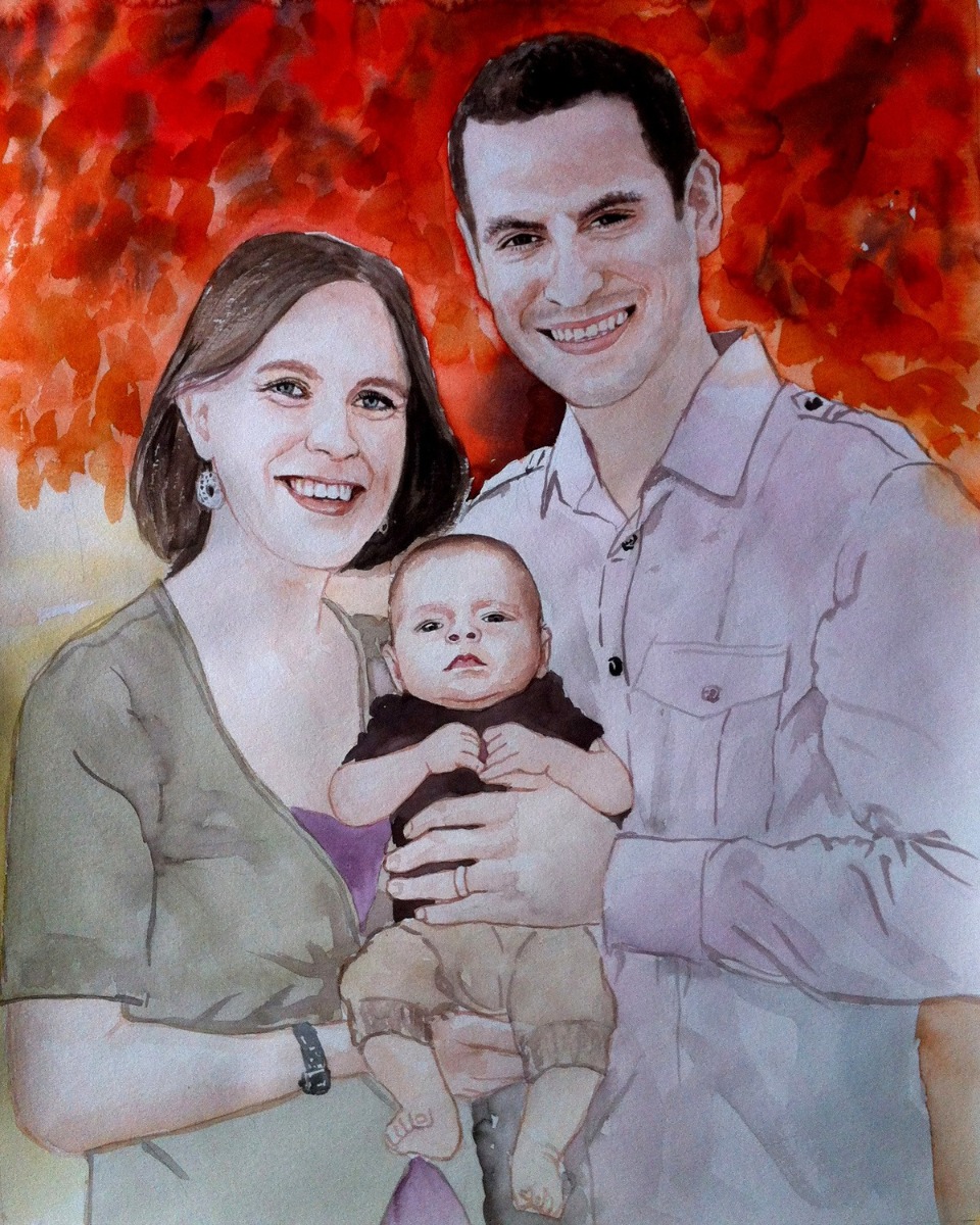 A watercolor painting of a man and woman holding a baby, perfect as a Christmas present with its thick style.