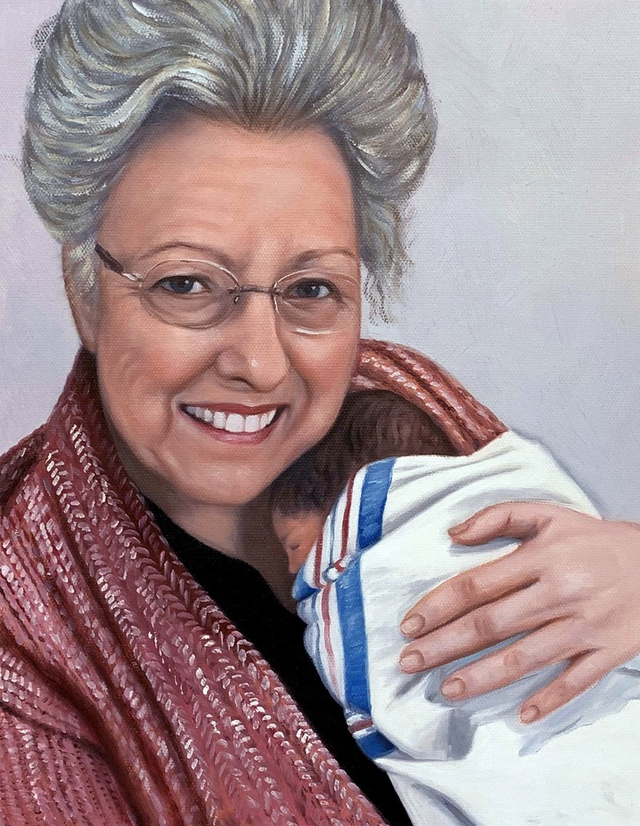 A Christmas painting depicting an older woman cradling a baby, captured in a fine oil style.
