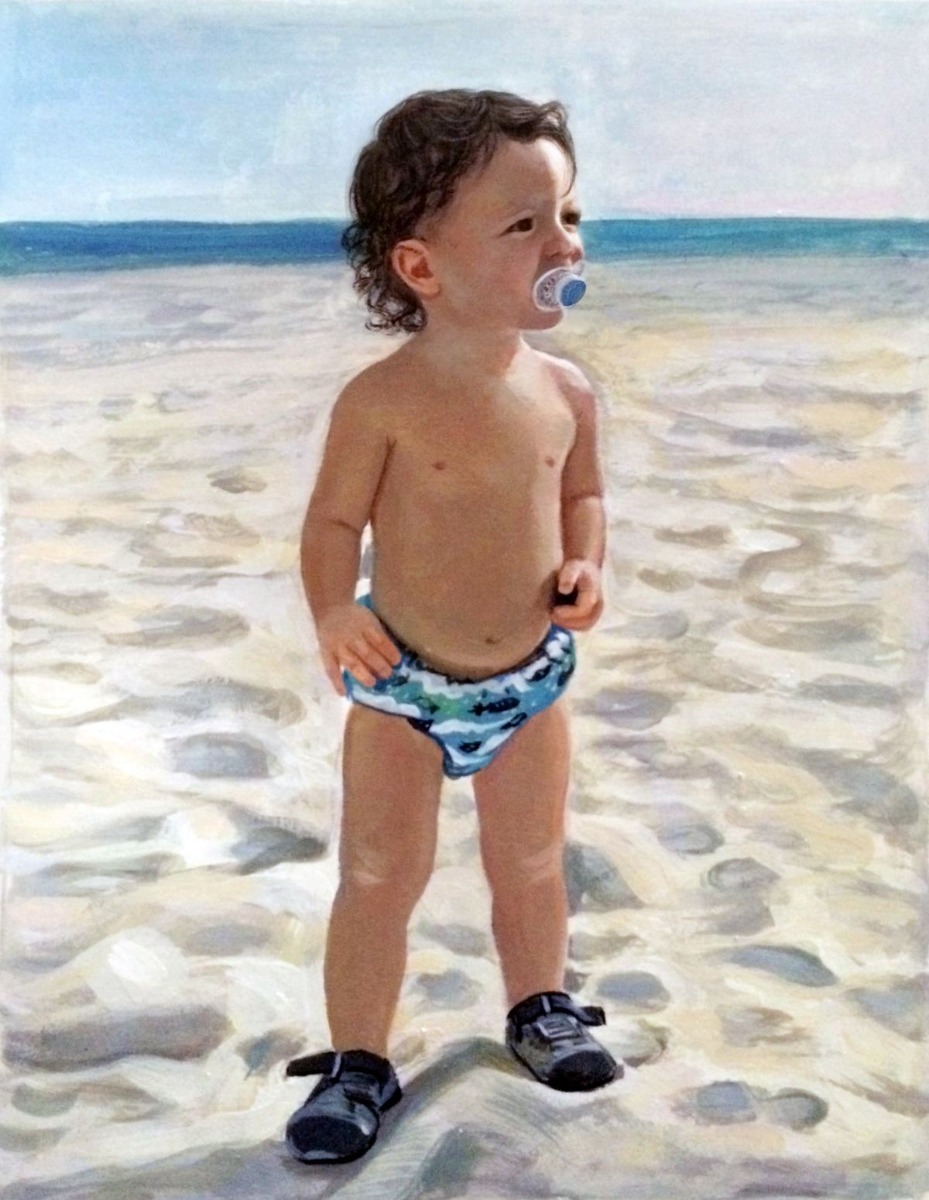 A watercolor painting of a baby on the beach with a pacifier, in a thick style.