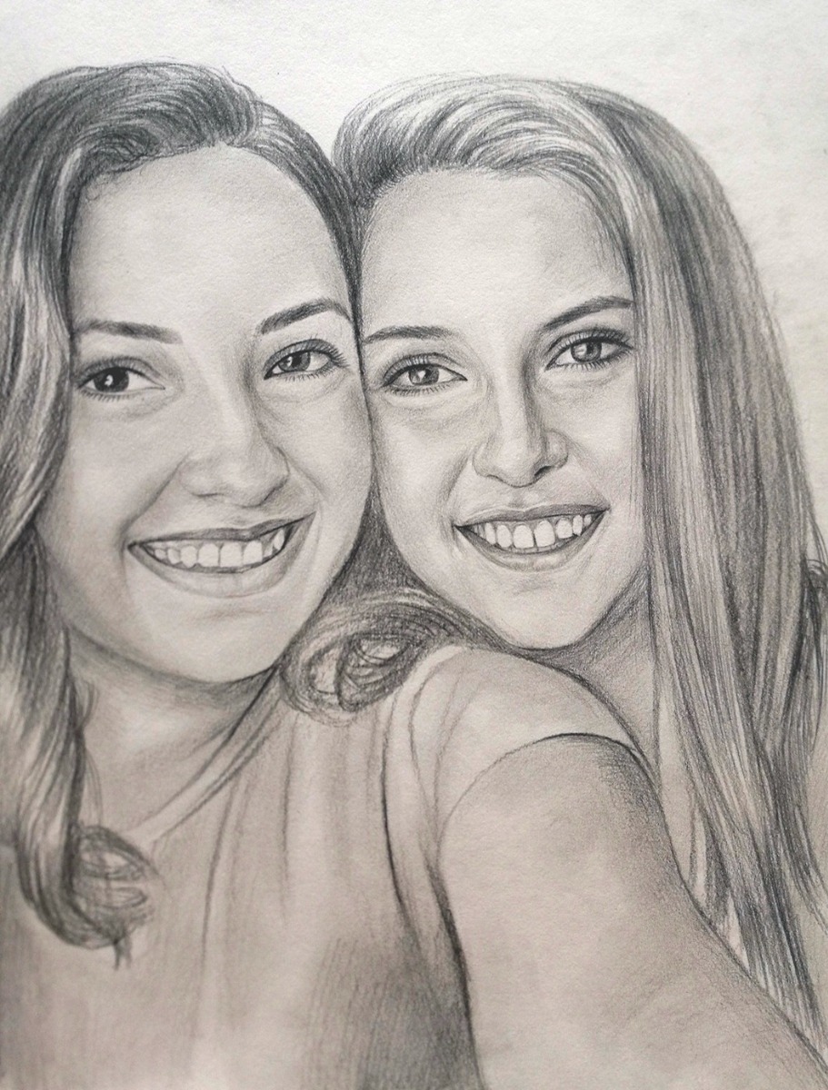 A pencil sketch of two women smiling for the camera.