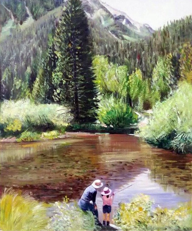 A Christmas gift painting depicting a man with daughter fishing in the mountains in an oil thick style.