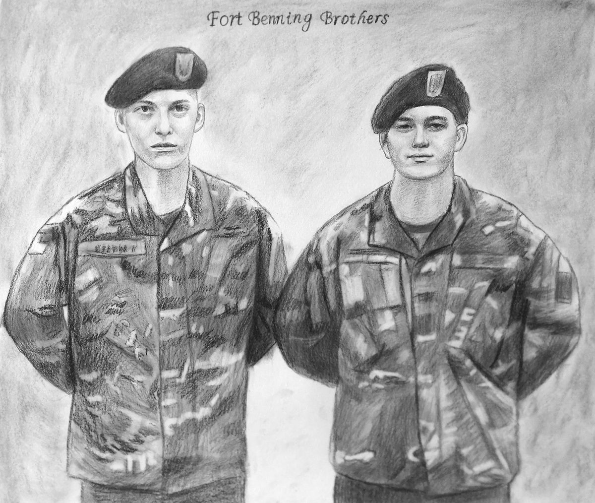 A pencil sketch of two soldiers in uniform.