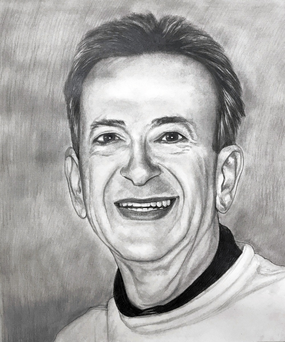 A black and white drawing of a smiling man, rendered in a smooth pencil style.