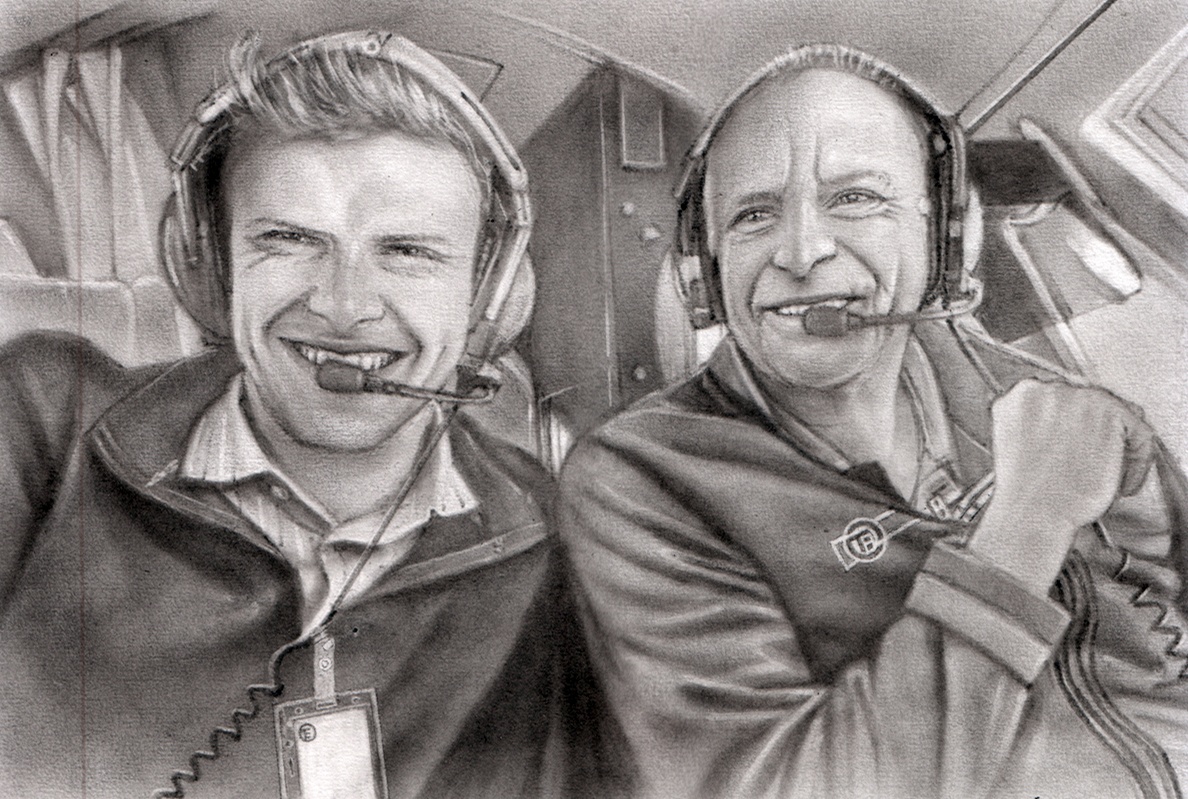A charcoal staff portrait depicting two men in an airplane.
