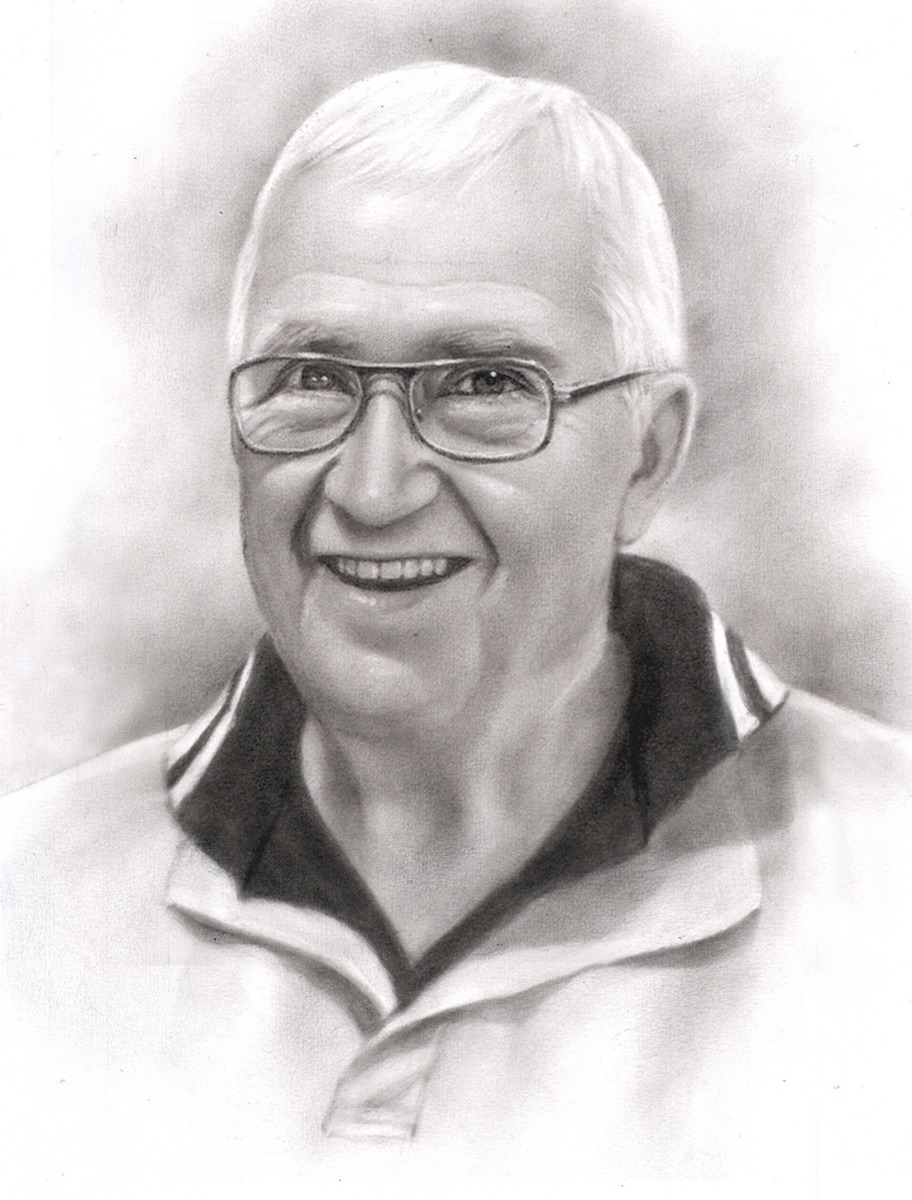 A charcoal drawing of an older man with glasses.