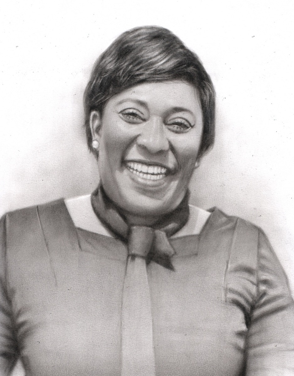 A black and white drawing of a smiling woman in a charcoal dark style.
