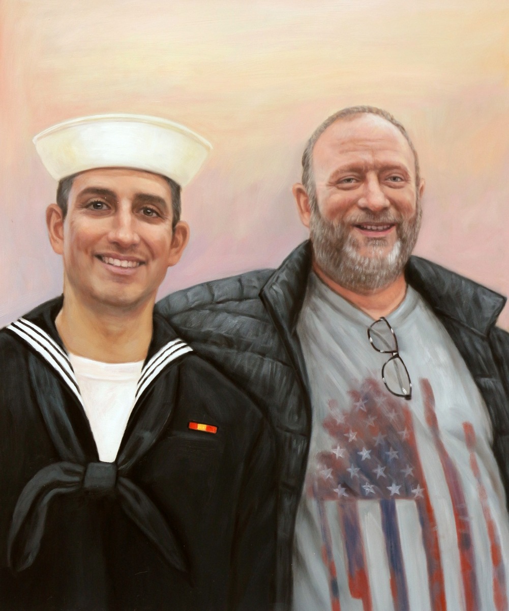 A thick style oil painting capturing the bond between a son and his father, ideal for Father's Day portrait ideas.