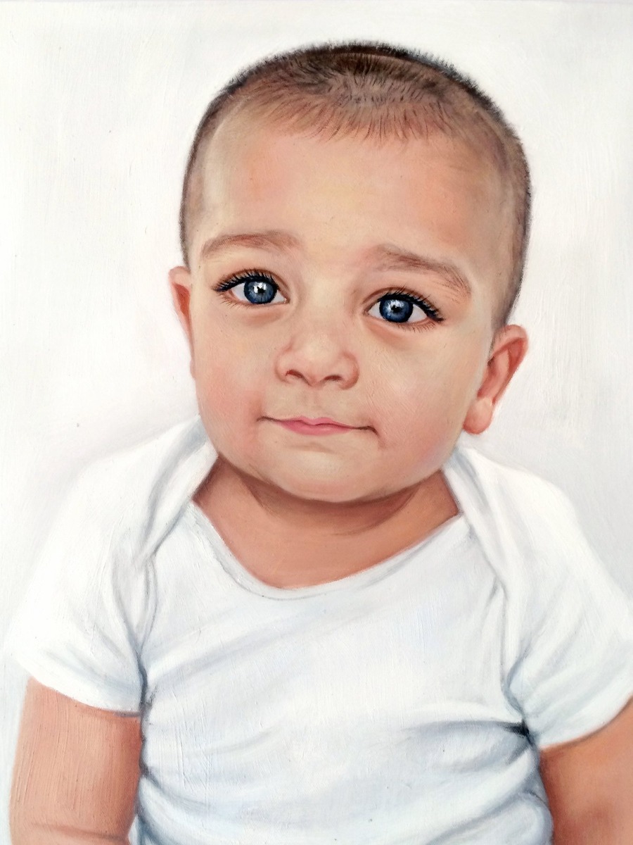 A fine oil painting of a baby with blue eyes, perfect for Father's Day gifting.