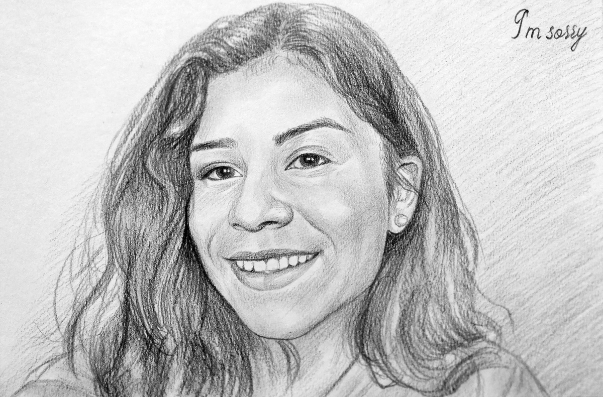 A pencil sketchy style drawing of a woman smiling.