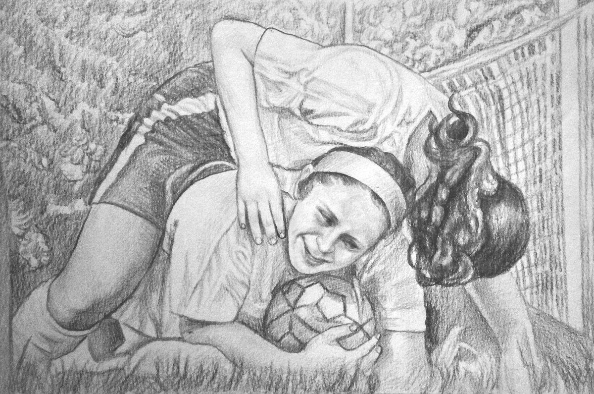 A pencil sketch of a girl with a soccer ball.