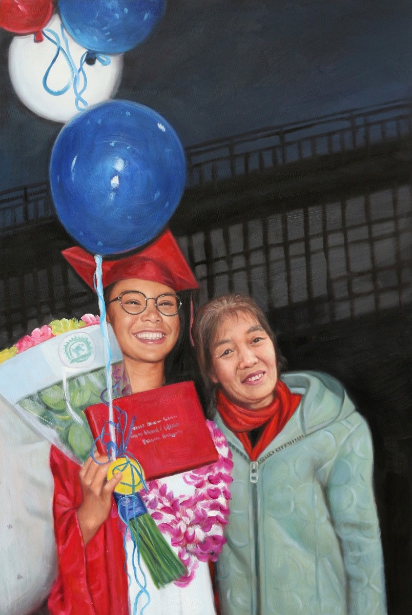 A graduation portrait painting capturing a mother and daughter holding balloons in an oil thick style.