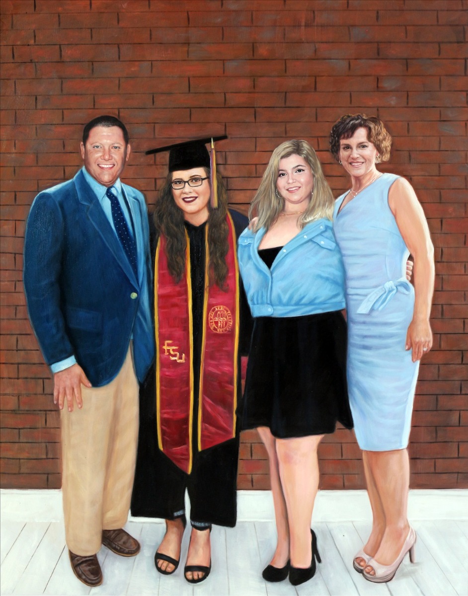 A painting of a family posing in front of a brick wall, perfect as a graduation gift for your wife.