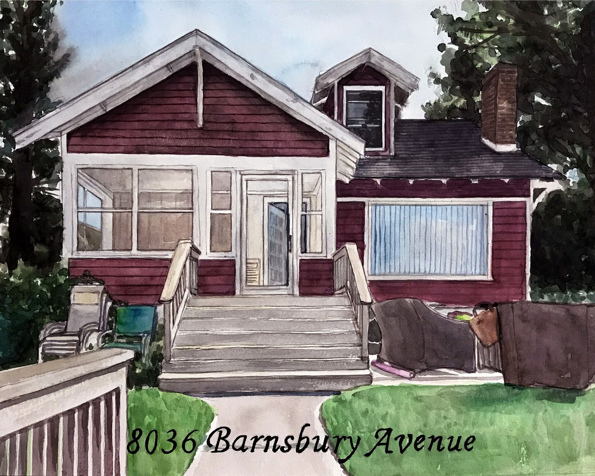 A housewarming portrait of a house with a front porch in a watercolor washed style.