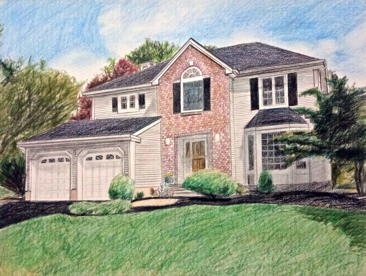 A colored pencil drawing of a house with a garage.