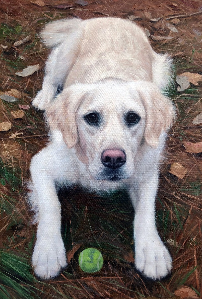 A painting of a dog laying on the ground with a ball, made in an oil thick style reminiscent of deceased loved ones.